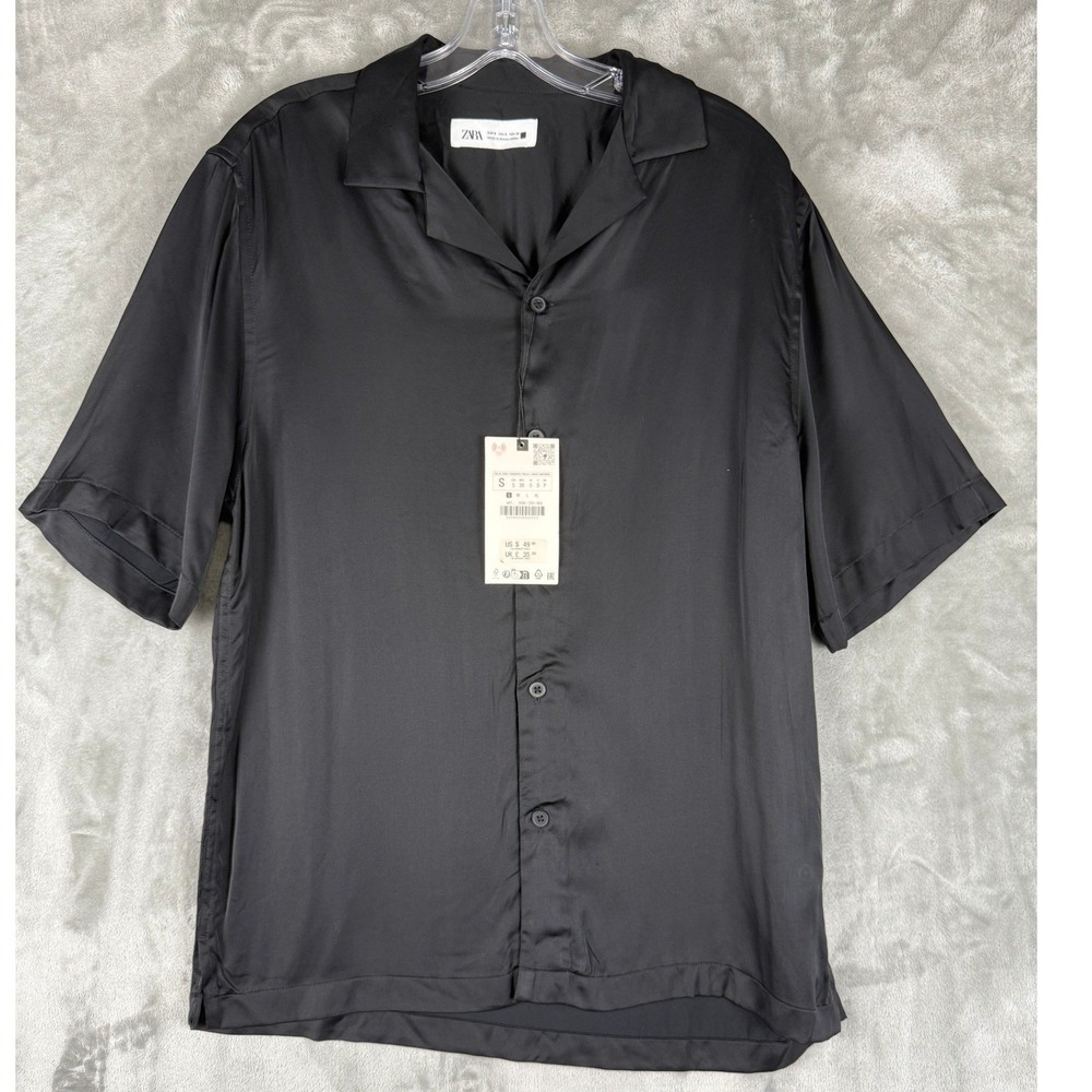 ZARA Mens Black Short Sleeve Button Down Shirt Camp Collar Size S